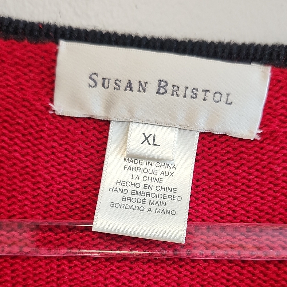 Susan Bristol Red Full Zip Festive Cardigan Dog Motif Animal Print Cottagecore - Picture 2 of 11